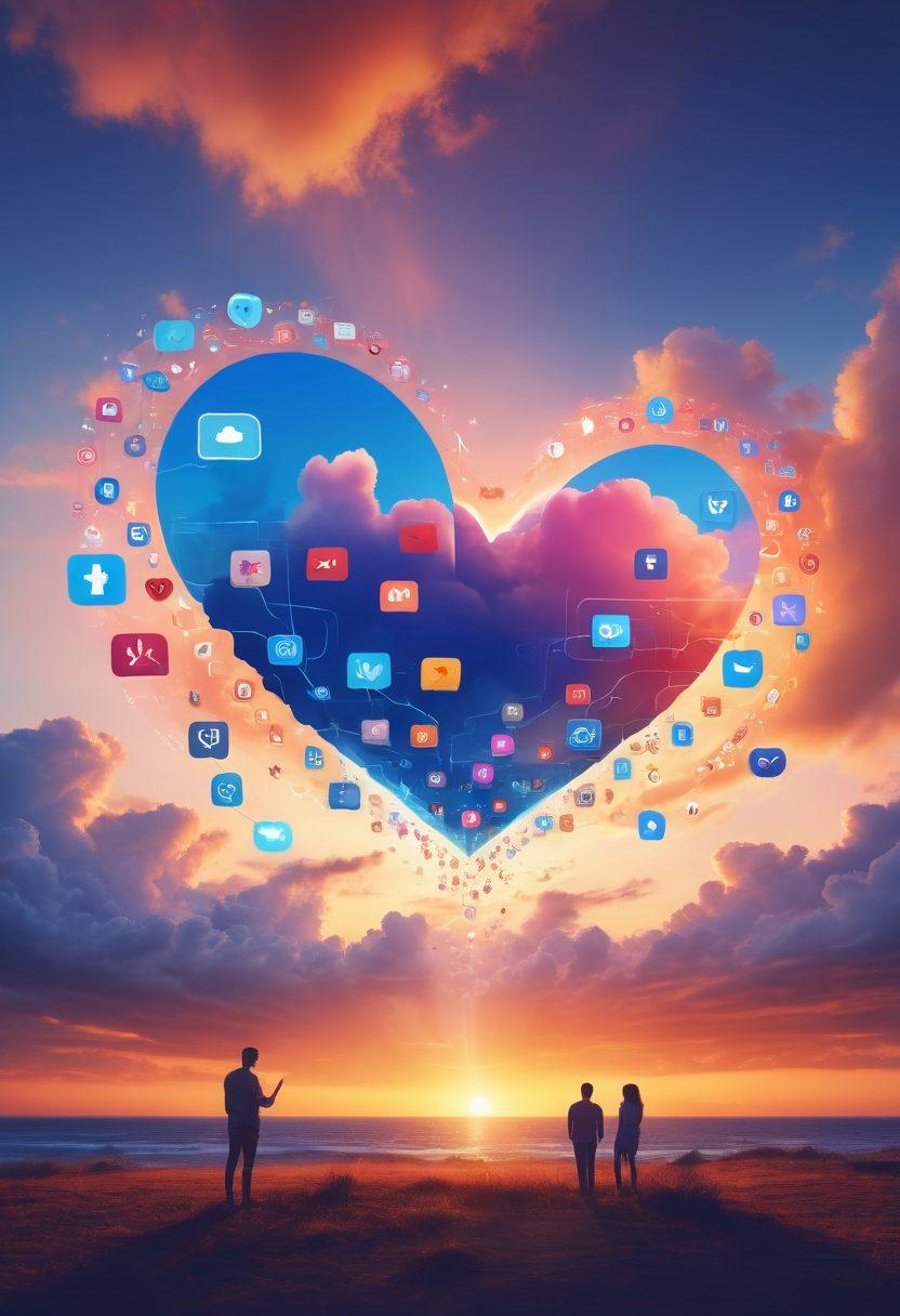 A vibrant digital landscape showcasing a heart-shaped cloud intertwined with various icons representing online communication like messages, video calls, and social media symbols. The background features a sunset with soft, warm colors that blend into a serene blue sky, symbolizing hope and connection. Include silhouettes of couples connecting through devices in the foreground. super-realistic. vibrant colors. soft focus.