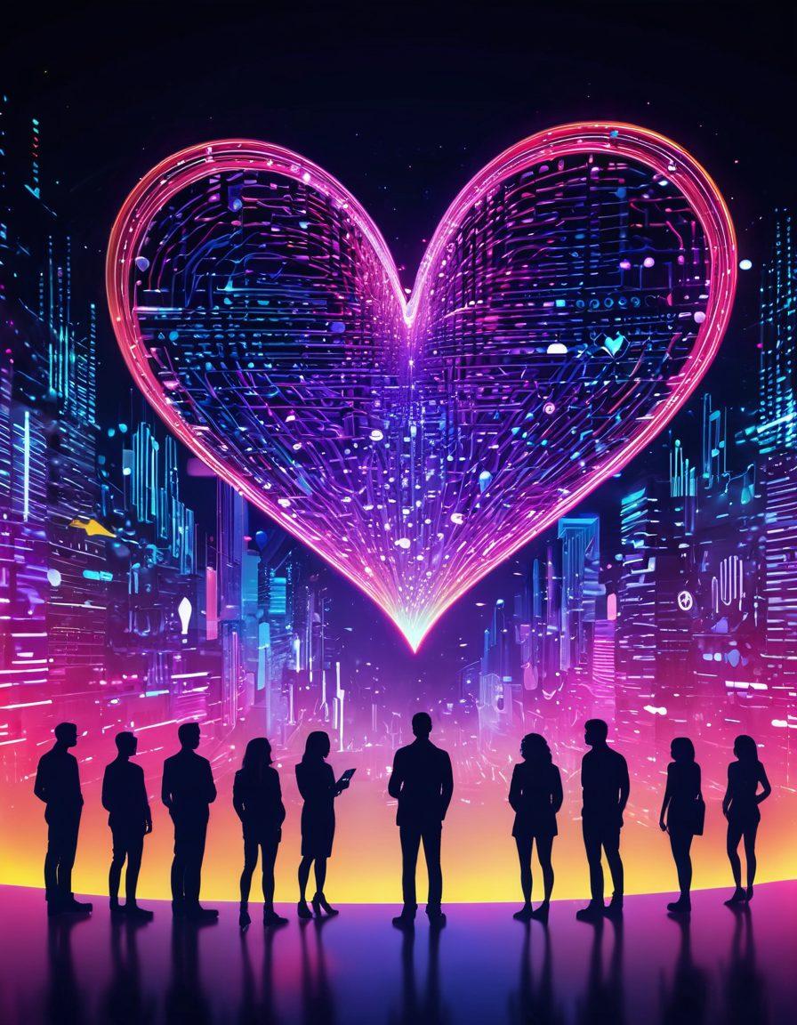 A vibrant digital landscape filled with glowing heart symbols representing love and connection. Show diverse people engaging through screens, smiling and interacting in a virtual environment infused with cyberspace elements like binary code and circuits. Use bright colors to evoke warmth and positivity, with a soft-focus on the background. futuristic style. vibrant colors. high contrast.