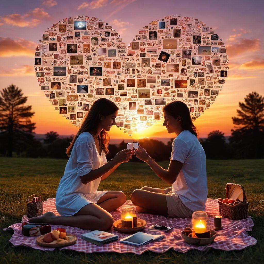 A heart-shaped collage of various digital communication methods, such as text messages, video calls, and social media icons, blending into a romantic couple enjoying a sunset picnic. The scene should evoke warmth and connection, showcasing the transition from digital to physical affection. Add soft glowing lights surrounding the couple to enhance the dreamy atmosphere. super-realistic. warm colors. romantic style.
